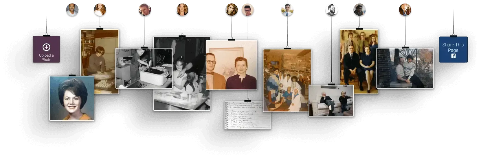 Collage of vintage photos hanging on a wall with clothespins and string lights