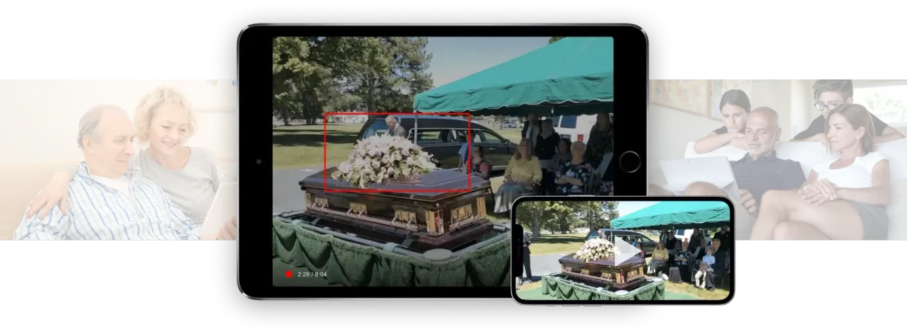 Tablet and phone displaying a garden center with flowers and a red bridge, over a faint family collage background