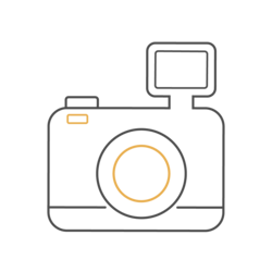 Outline of a camera with a flash, in gray and orange lines