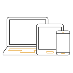 Outline of laptop, tablet, and smartphone in black and orange lines on white background