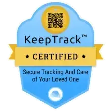 KeepTrack Certified badge with QR code and text “Secure Tracking and Care of Your Loved One”