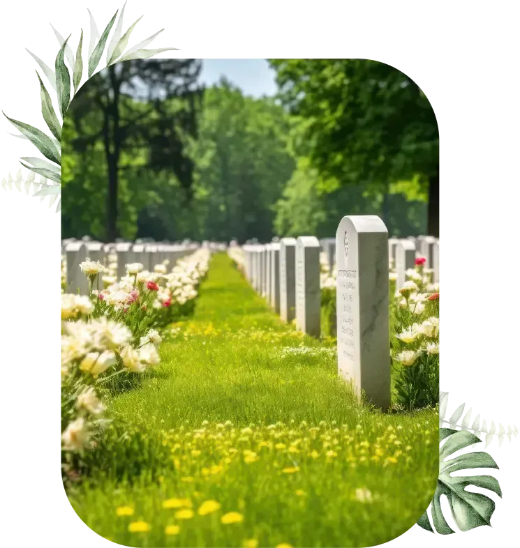 Stone gravestones in a grassy cemetery, with a blurred bush in the foreground, sunny day.