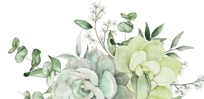 Soft watercolor floral bouquet with pale green and white flowers and leafy stems