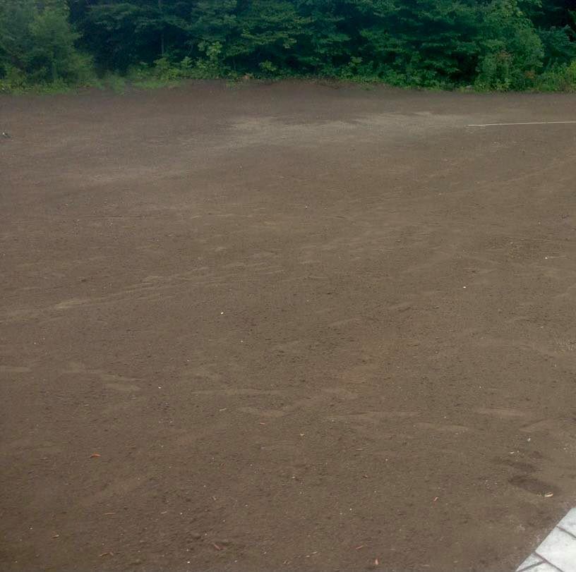 A flat, brown dirt field with a backdrop of green trees.