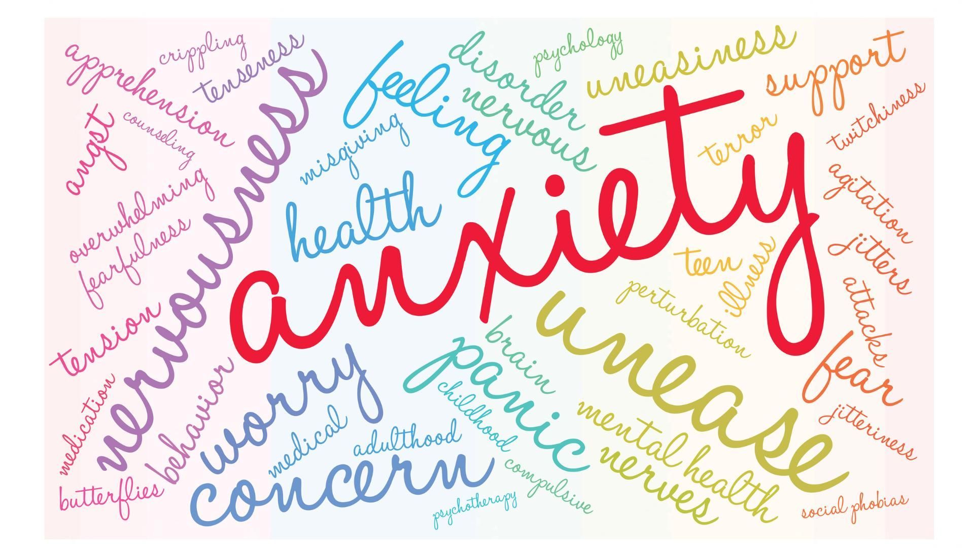 Word cloud with large red “anxiety” surrounded by words like “stress,” “worry,” and “fear” in pastel colors