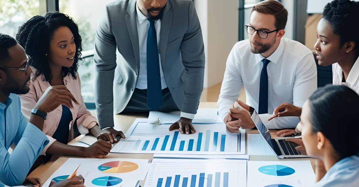 Group of people in business attire reviewing charts and graphs at a table.