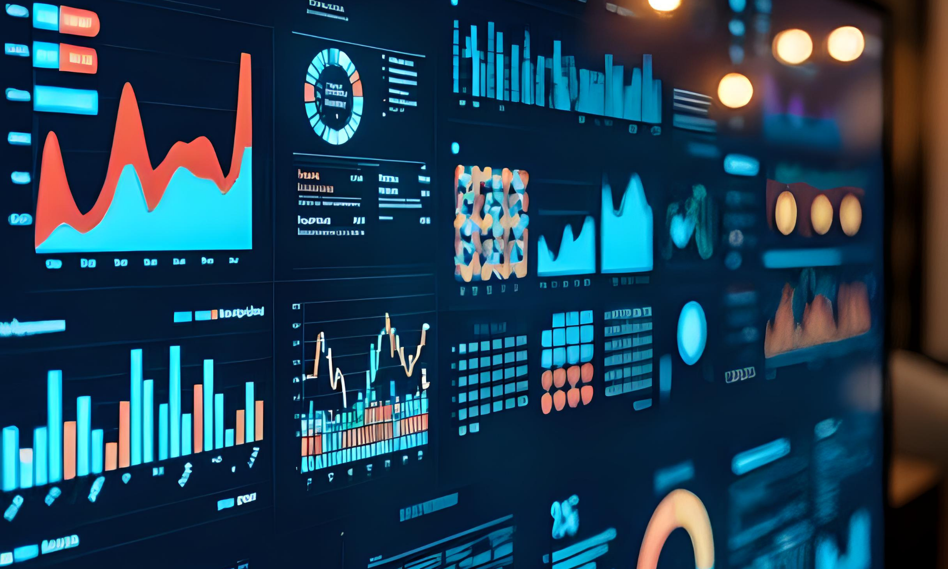 A computer monitor with a lot of graphs and charts on it.