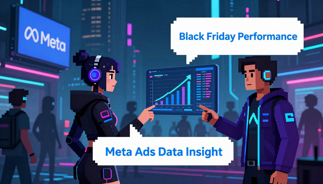 Meta Ads analysts reviewing Black Friday performance on a digital dashboard in a neon office