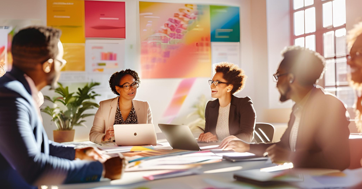 A group of people are sitting around a table having a meeting.