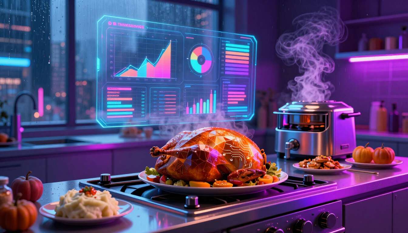 Cyberpunk kitchen with a roasted turkey on a stove, plated side dish, steaming pot, and glowing data screens.