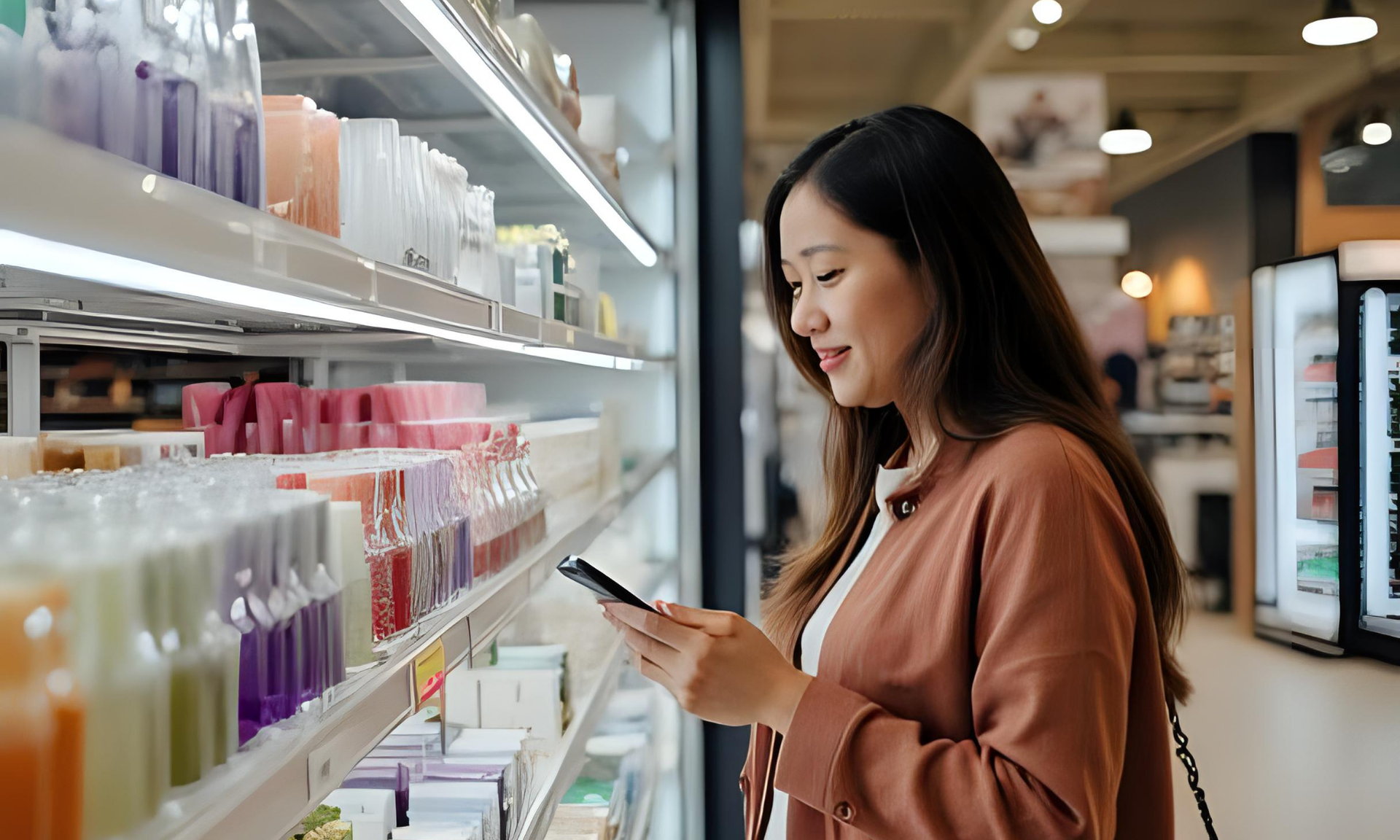 Woman looking at phone while shopping in a store aisle, shelves stocked with products.
