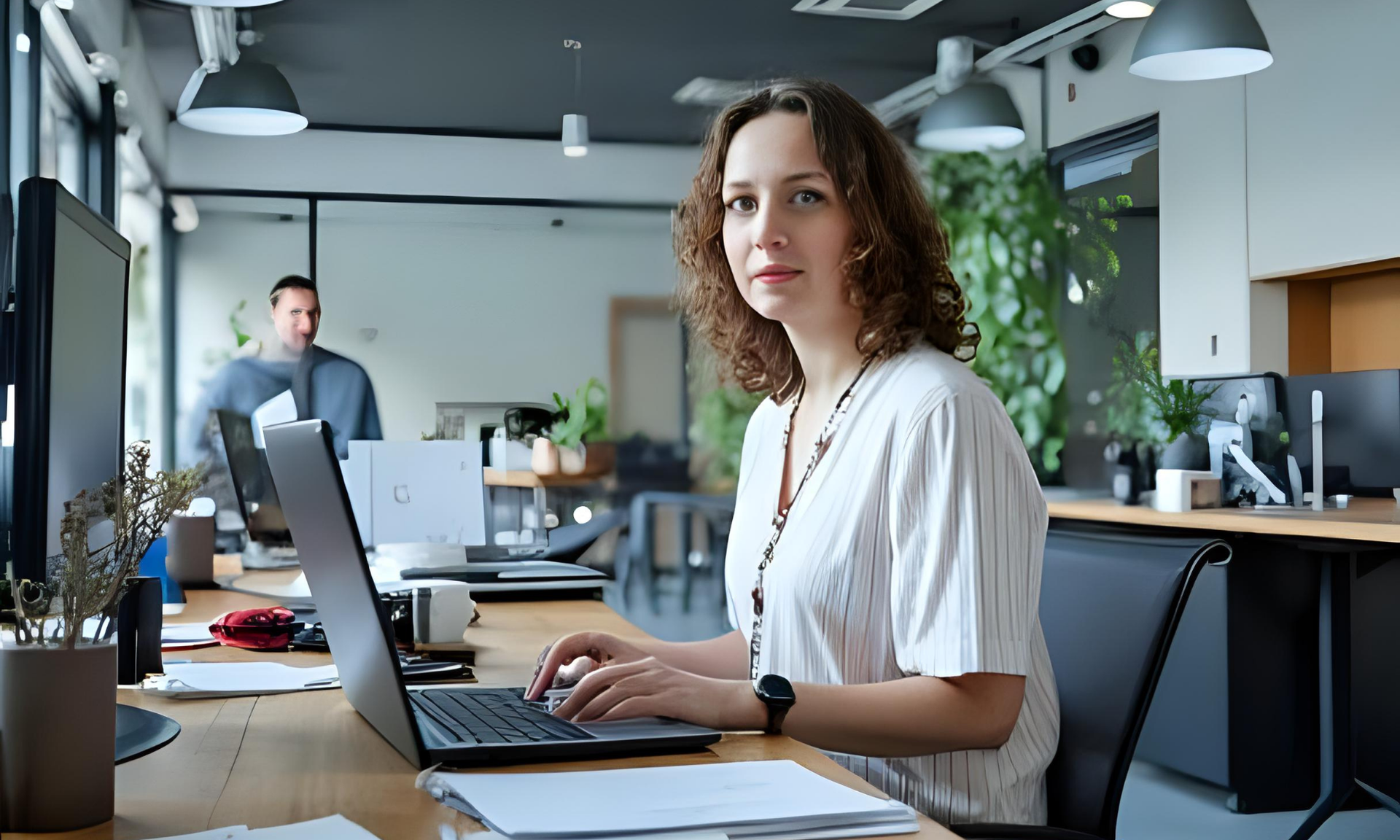 A woman is sitting at a desk using a laptop computer.