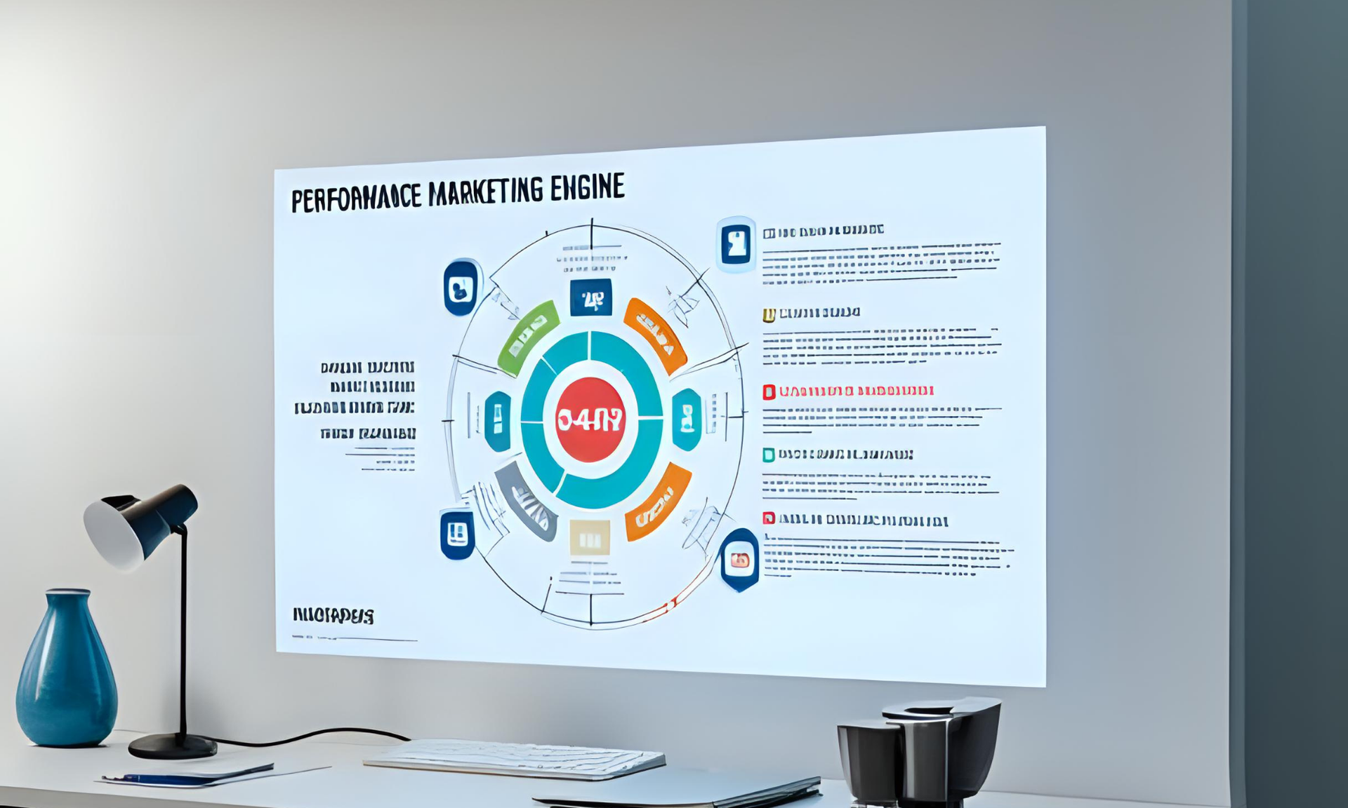 Diagram of a performance marketing engine displayed on a wall. Office setting with desk, lamp, and vase.