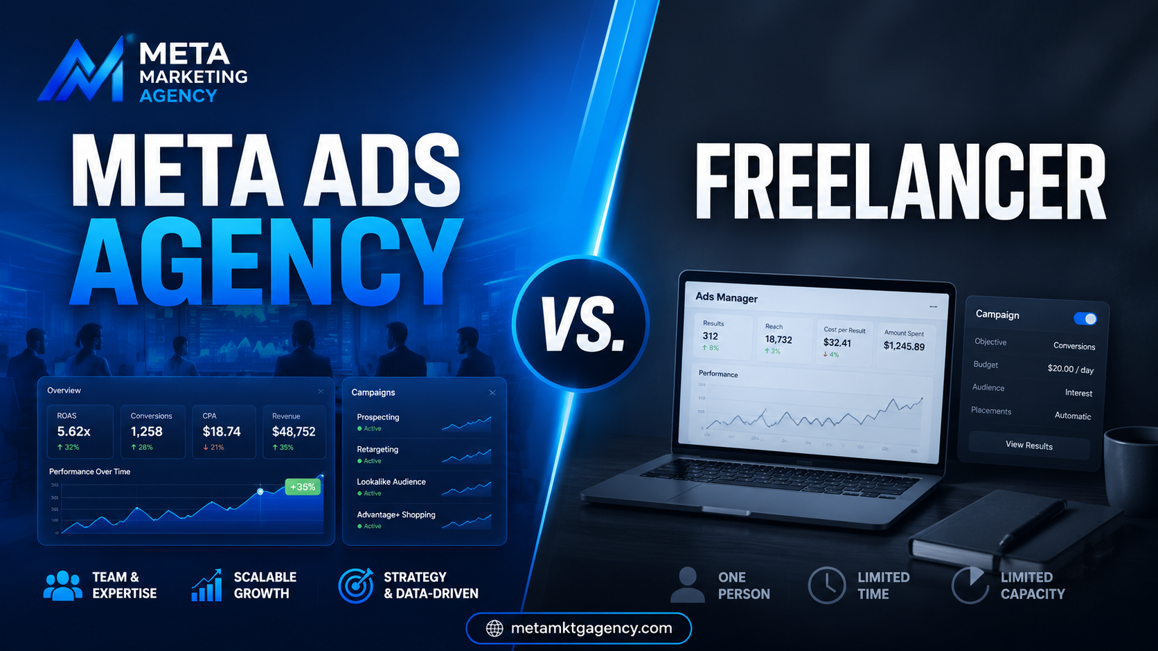Meta Ads Agency vs Freelancer comparison graphic with blue charts and laptop workspace on dark background