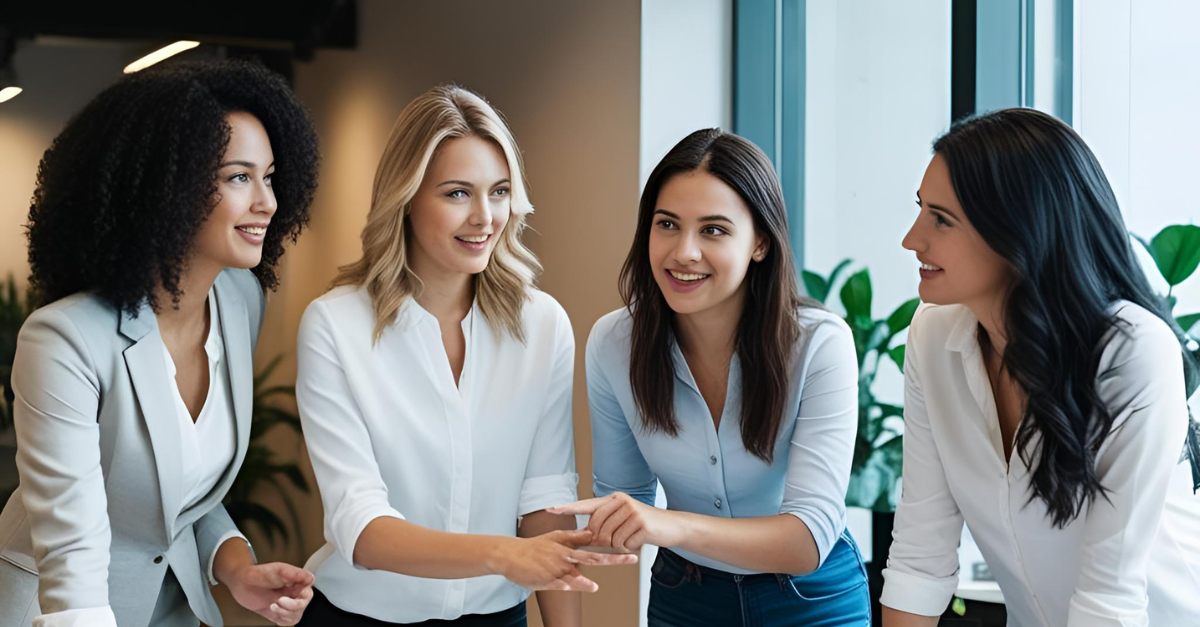 A group of women are standing next to each other in an office.