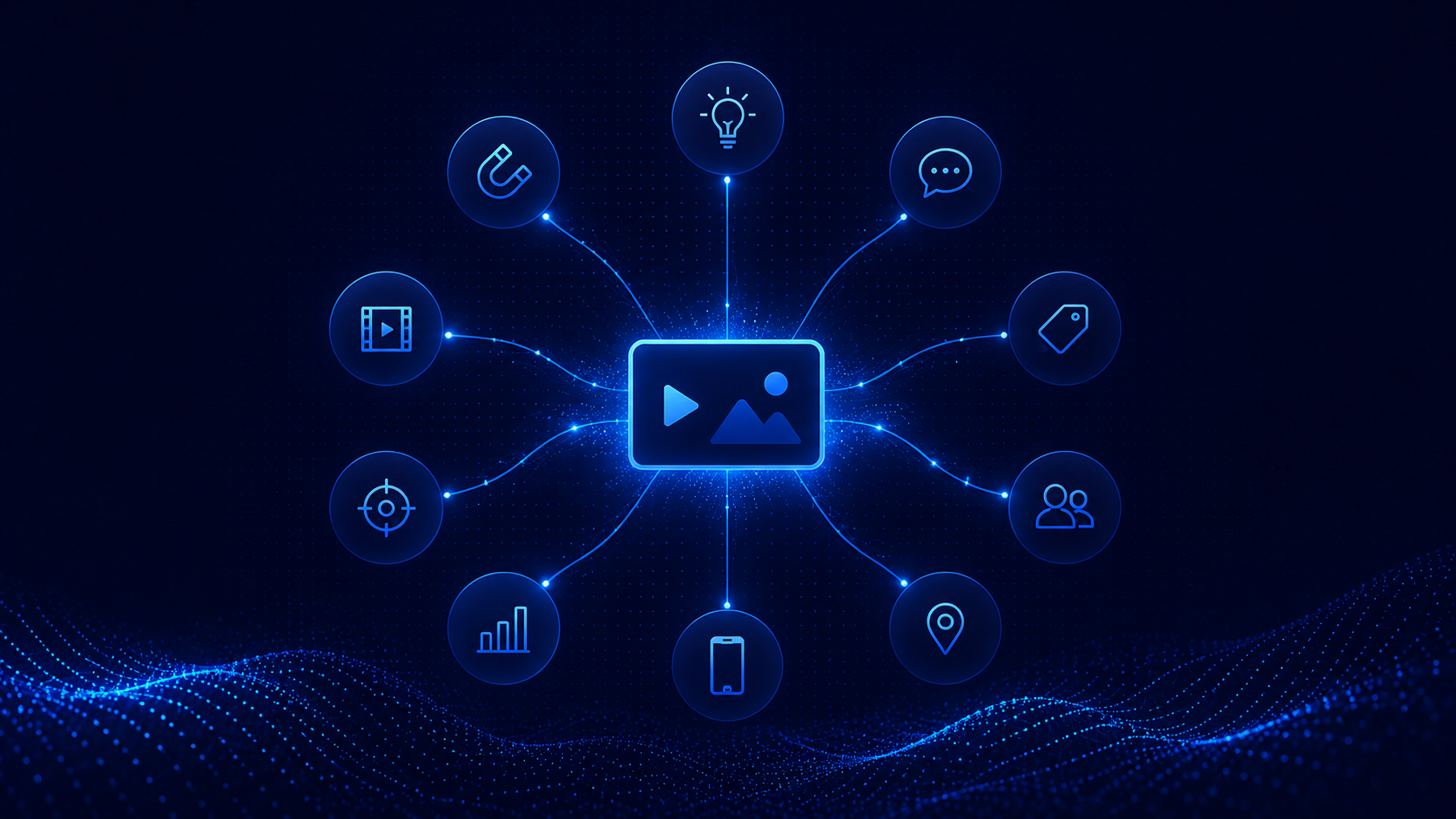 Blue digital media icons connected around a central video player on a dark tech background