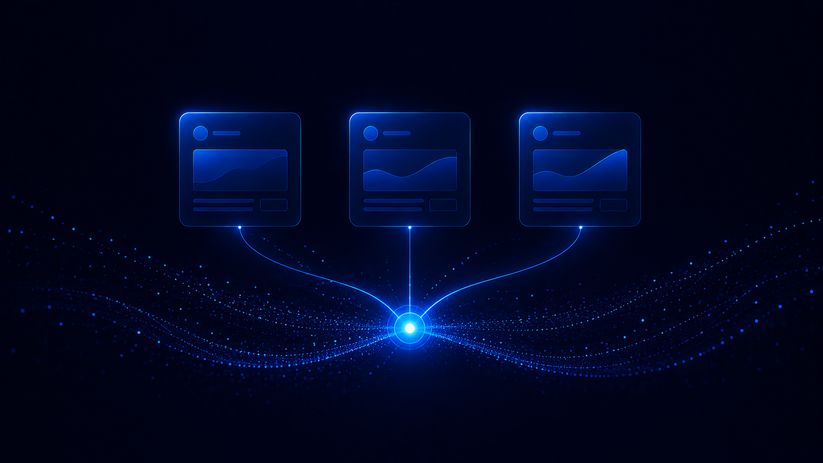 Three glowing blue app windows connected by light beams above a bright central node on a dark background