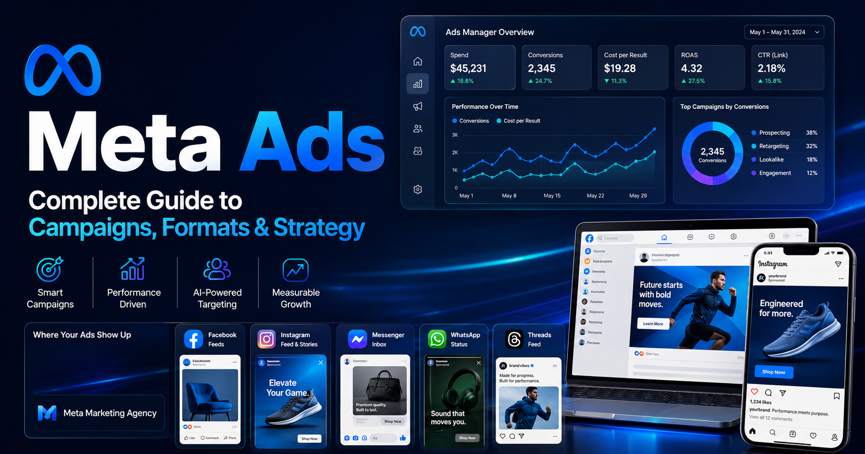 Meta Ads promotional graphic with dashboard, campaign charts, and mobile ad previews on blue background