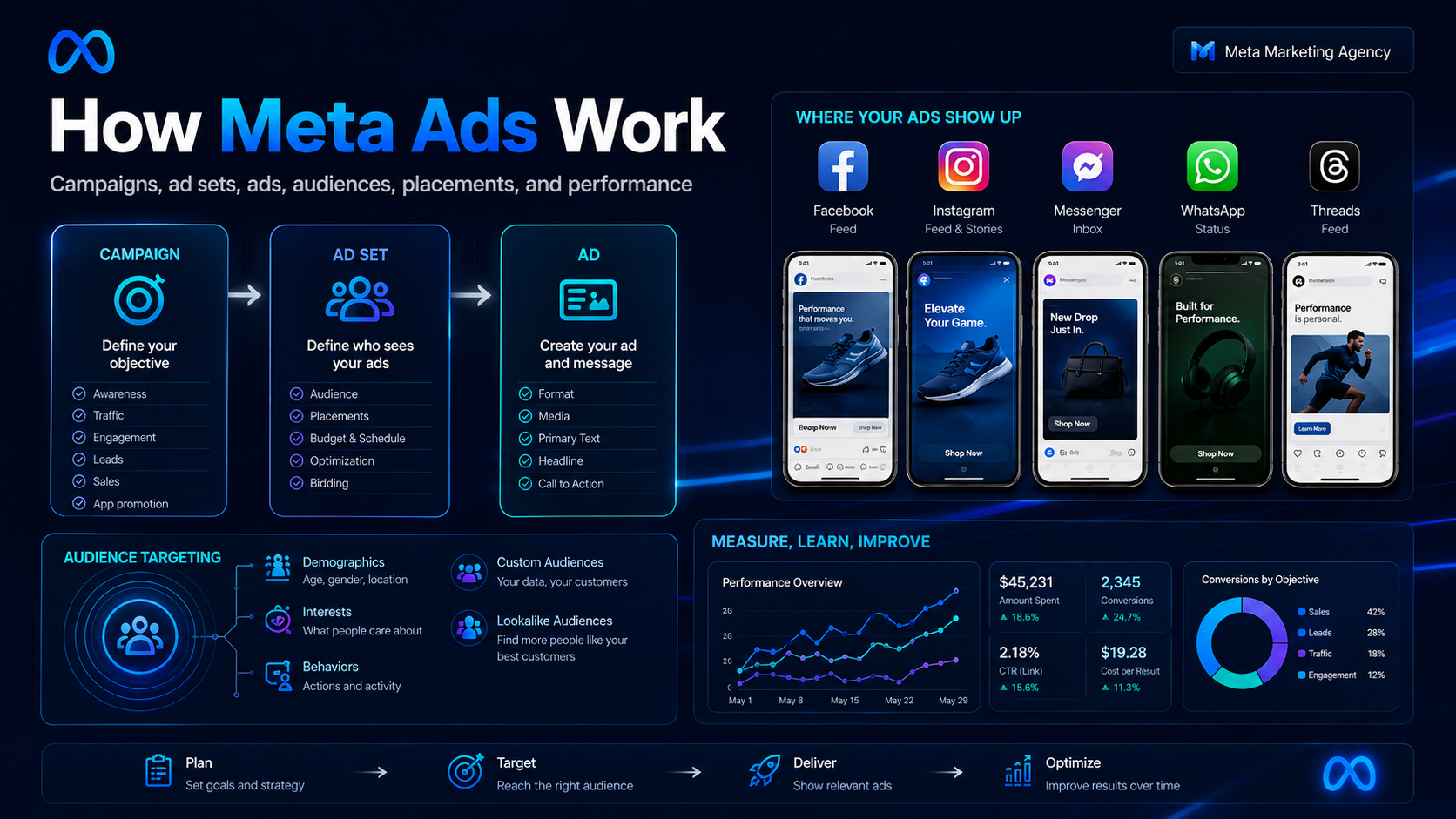 Meta Ads strategy dashboard visual showing campaign structure, creative testing, and performance marketing optimization.