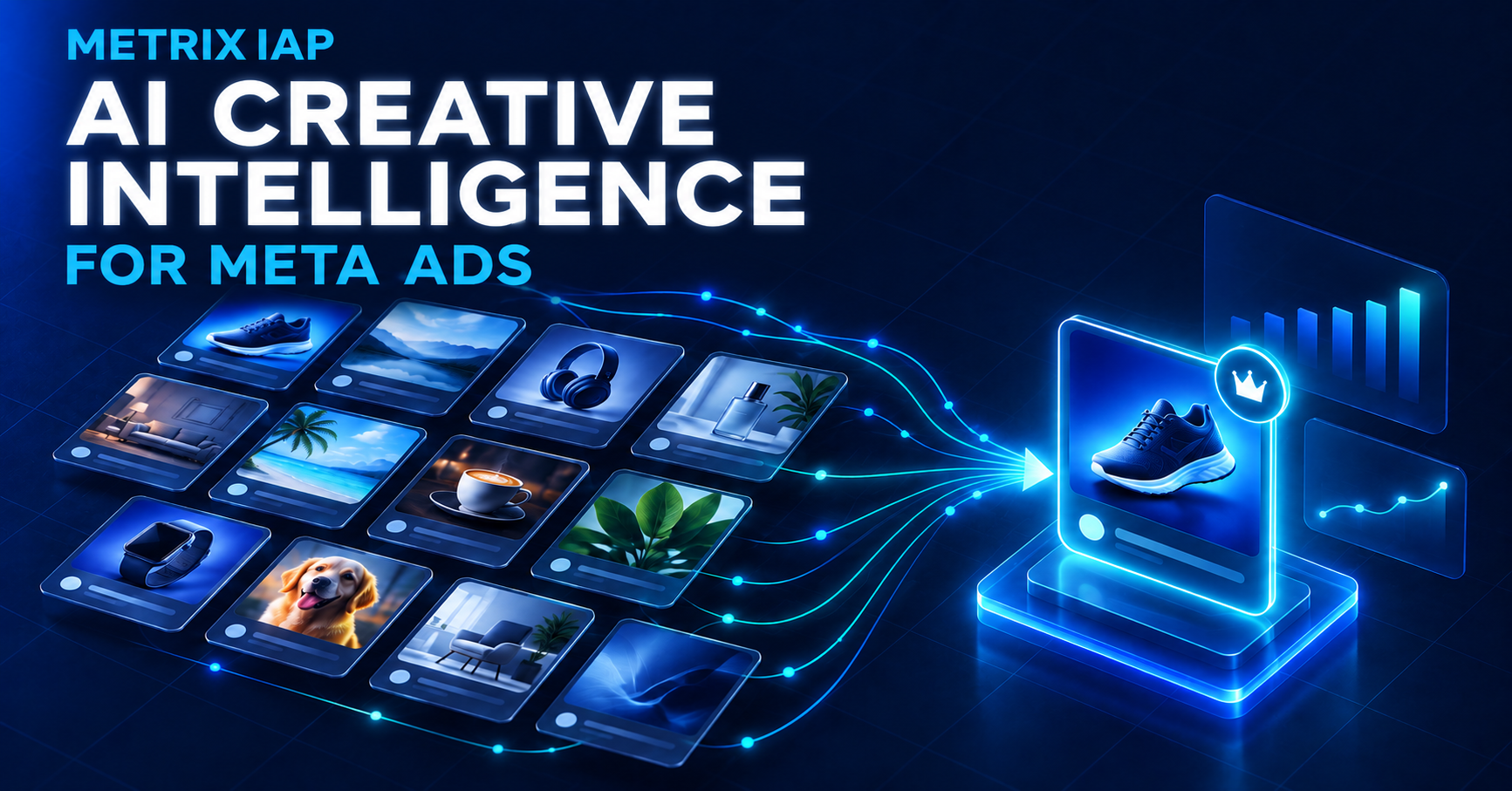 Blue futuristic ad graphic with floating screens and text: “AI Creative Intelligence for Meta Ads”