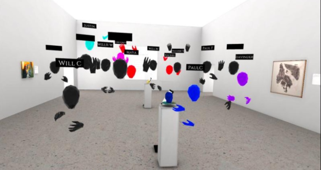 An image of a metaverse museum with balloons and paintings