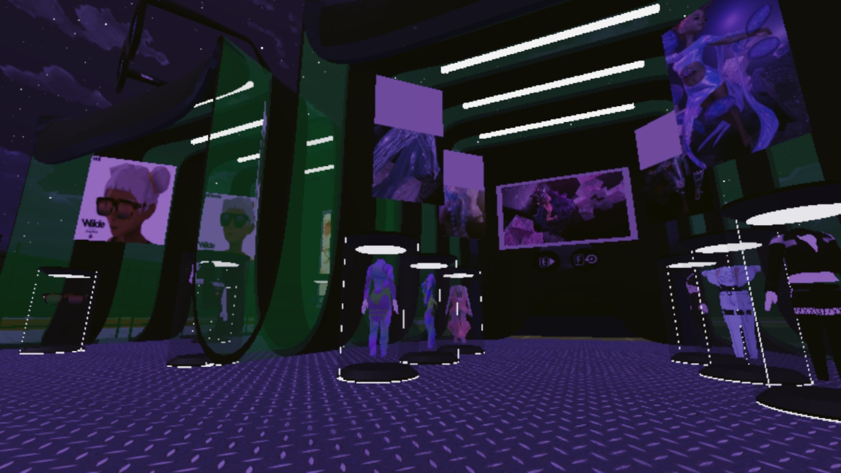 A computer generated image of a room with a purple carpet and a green wall.