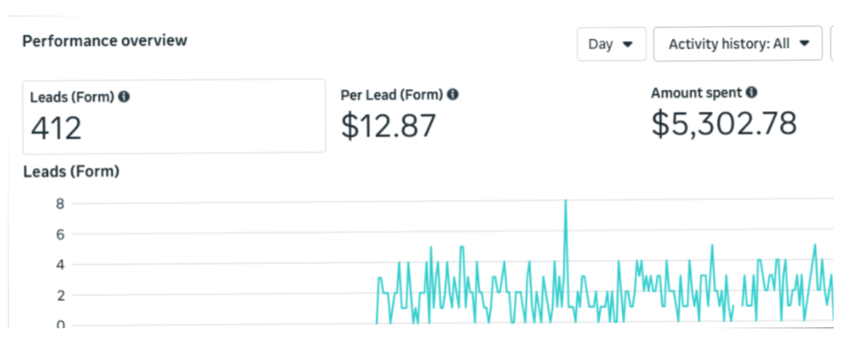 Meta Ads dashboard showing startup lead performance