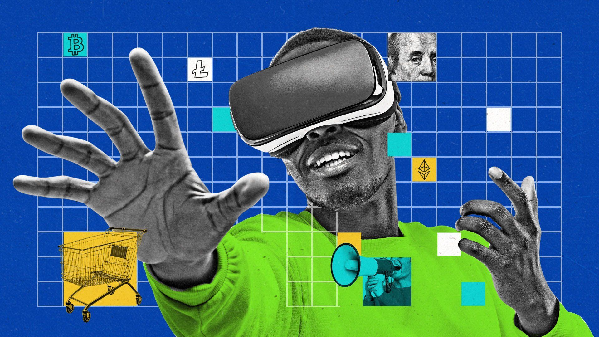 A man wearing a virtual reality headset with his hands outstretched.