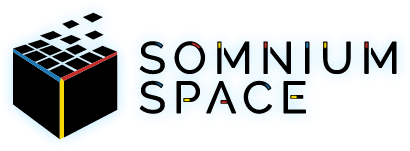The logo for somnium space is a cube with squares on it.