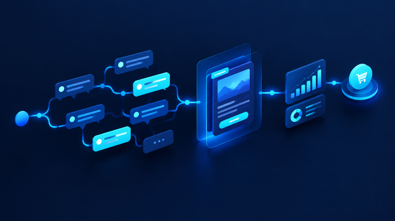Blue futuristic dashboard with connected data cards, analytics charts, and a glowing mobile screen