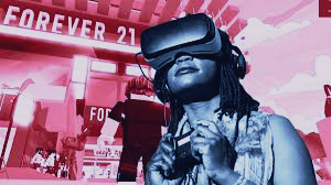 A woman is wearing a virtual reality headset in a metaverse store.