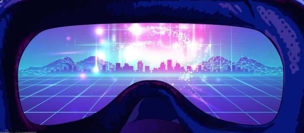 A person wearing a VR headset with a metaverse city in the background.