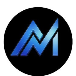 Blue stylized &ldquo;M&rdquo; logo on a black circular background