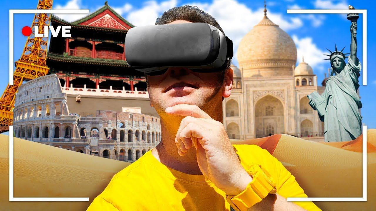 A man wearing a virtual reality headset is sitting in front of a collage of famous landmarks.