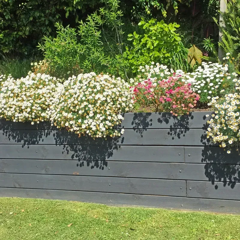 Flower-filled garden planter with white and pink blossoms against a dark wooden wall