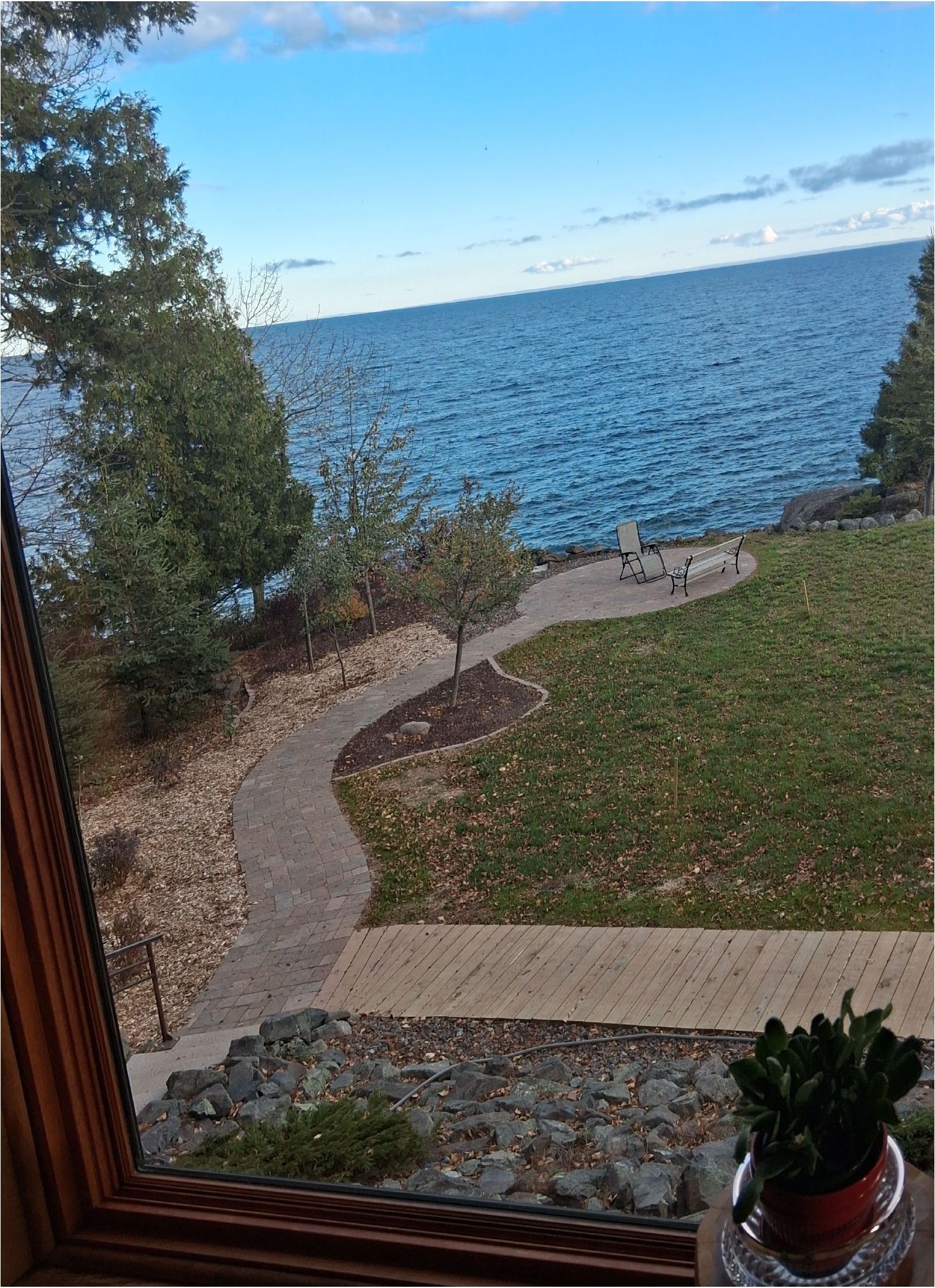 Lake view from a window with a winding path, grass, trees, and a potted plant on the sill