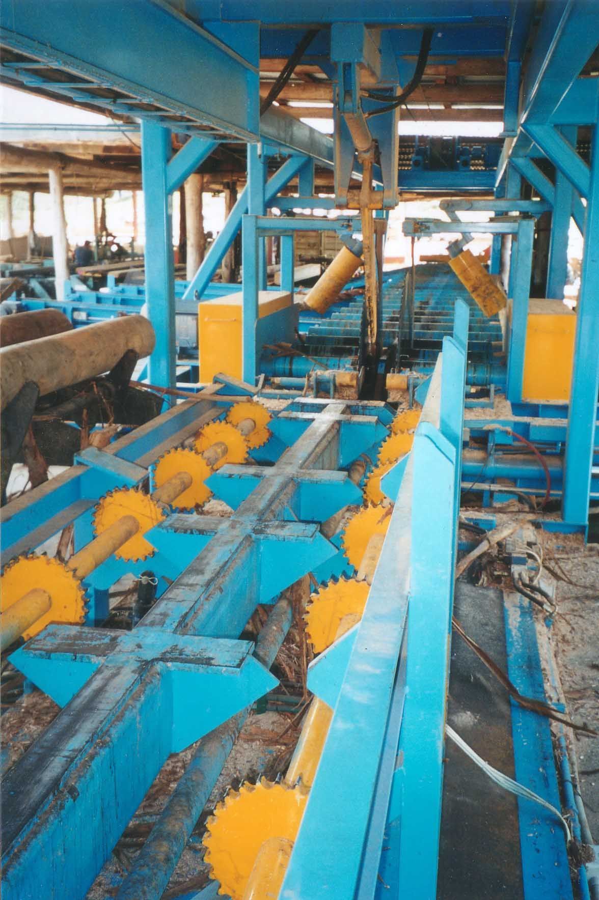 Blue and yellow sawmill machinery processing logs in a wood mill.