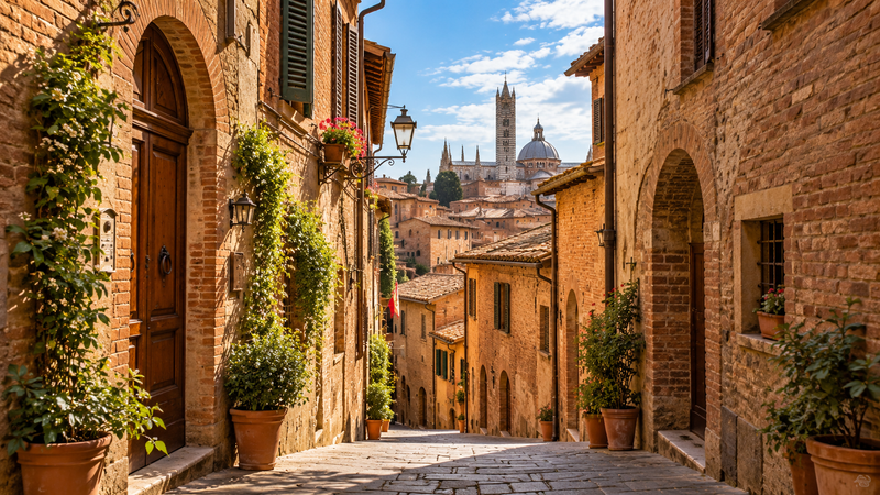 Stretta strada acciottolata tra caldi edifici in mattoni, con fiori e una torre di cattedrale in lontananza sotto un cielo azzurro.