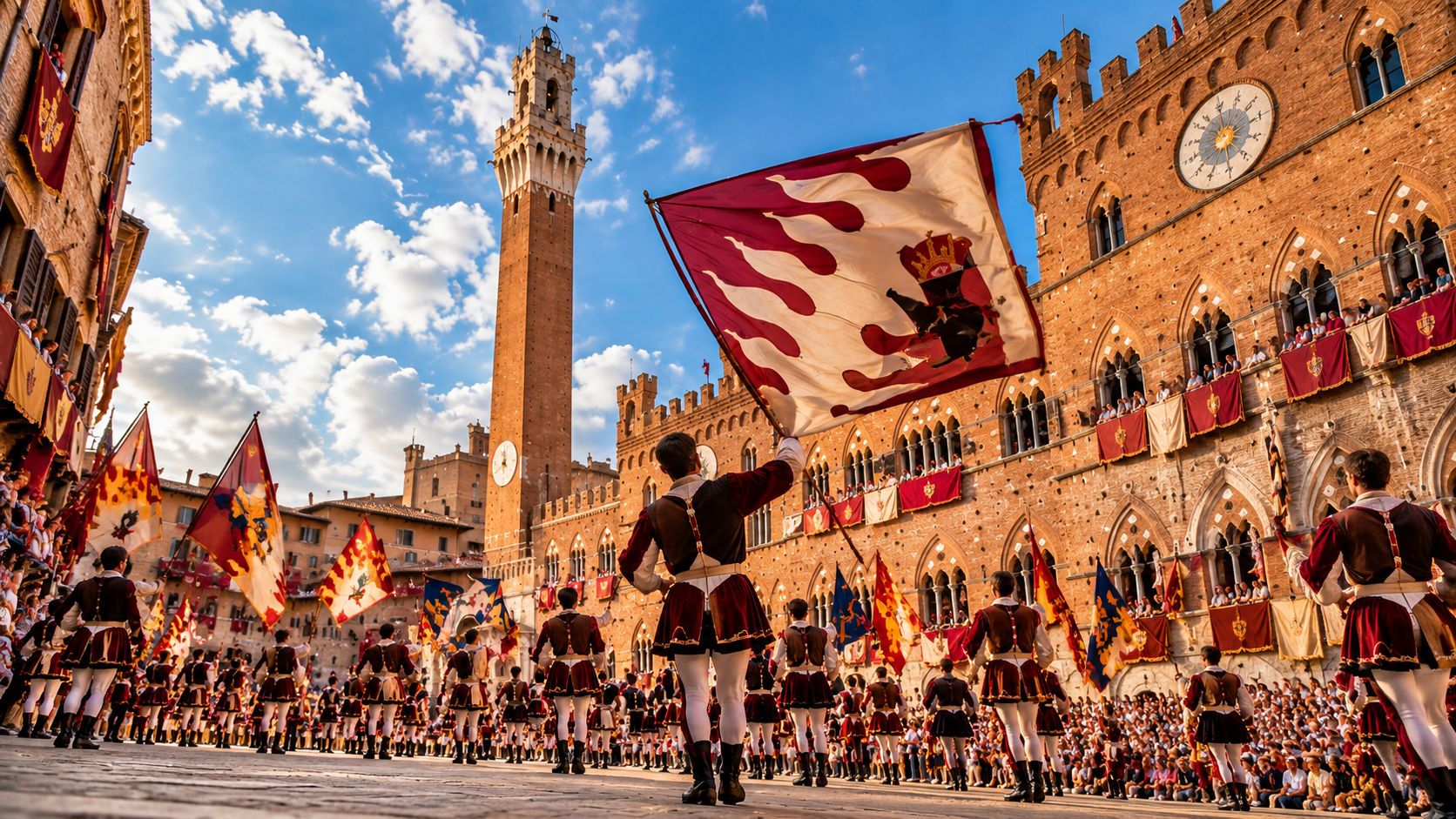 Festival storico in piazza con sbandieratori e artisti davanti a una torre dell’orologio in mattoni, sotto un cielo azzurro