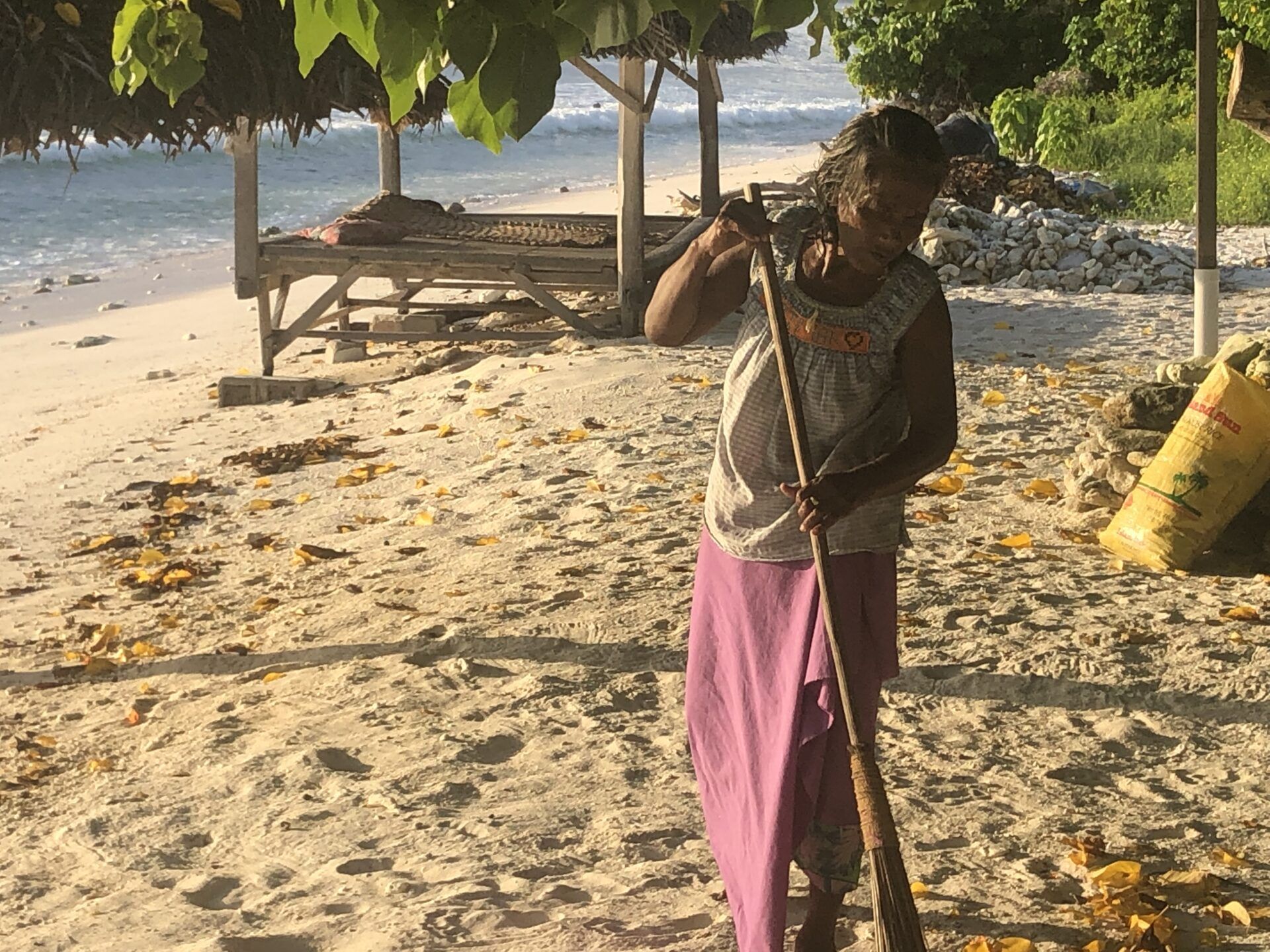 A person in a light top and purple skirt uses a long-handled rake to clear yellow leaves from a tropical sandy beach.