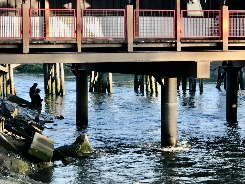Two people fish from the rocky bank under a bridge with dark pillars and red railings over a flowing river.