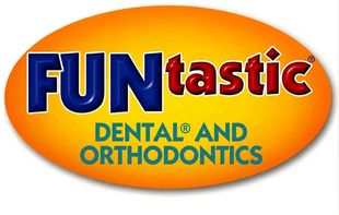 Funtastic Dental and Orthodontics logo in blue and red on an orange oval background