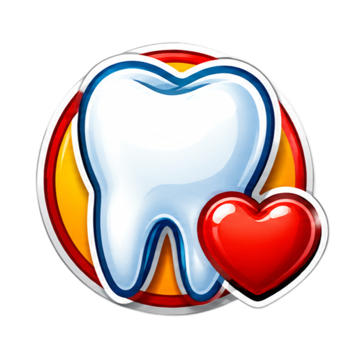 White tooth icon with a red heart on a red and yellow circular background