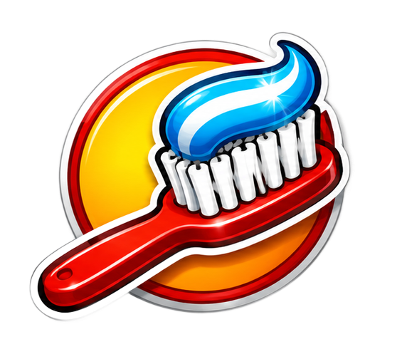 Red toothbrush with blue toothpaste swoosh on a yellow circle background