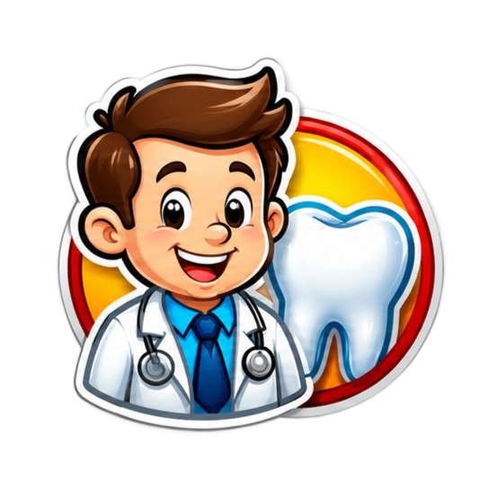 Cartoon dentist with stethoscope beside a white tooth icon in a red-yellow circle