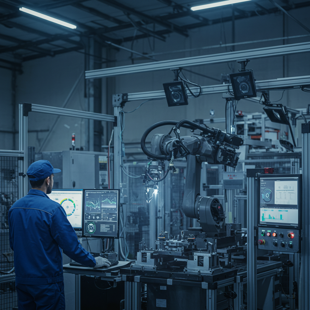 Um homem de macacão azul monitora um braço robótico em um ambiente industrial. Telas de computador exibem dados.