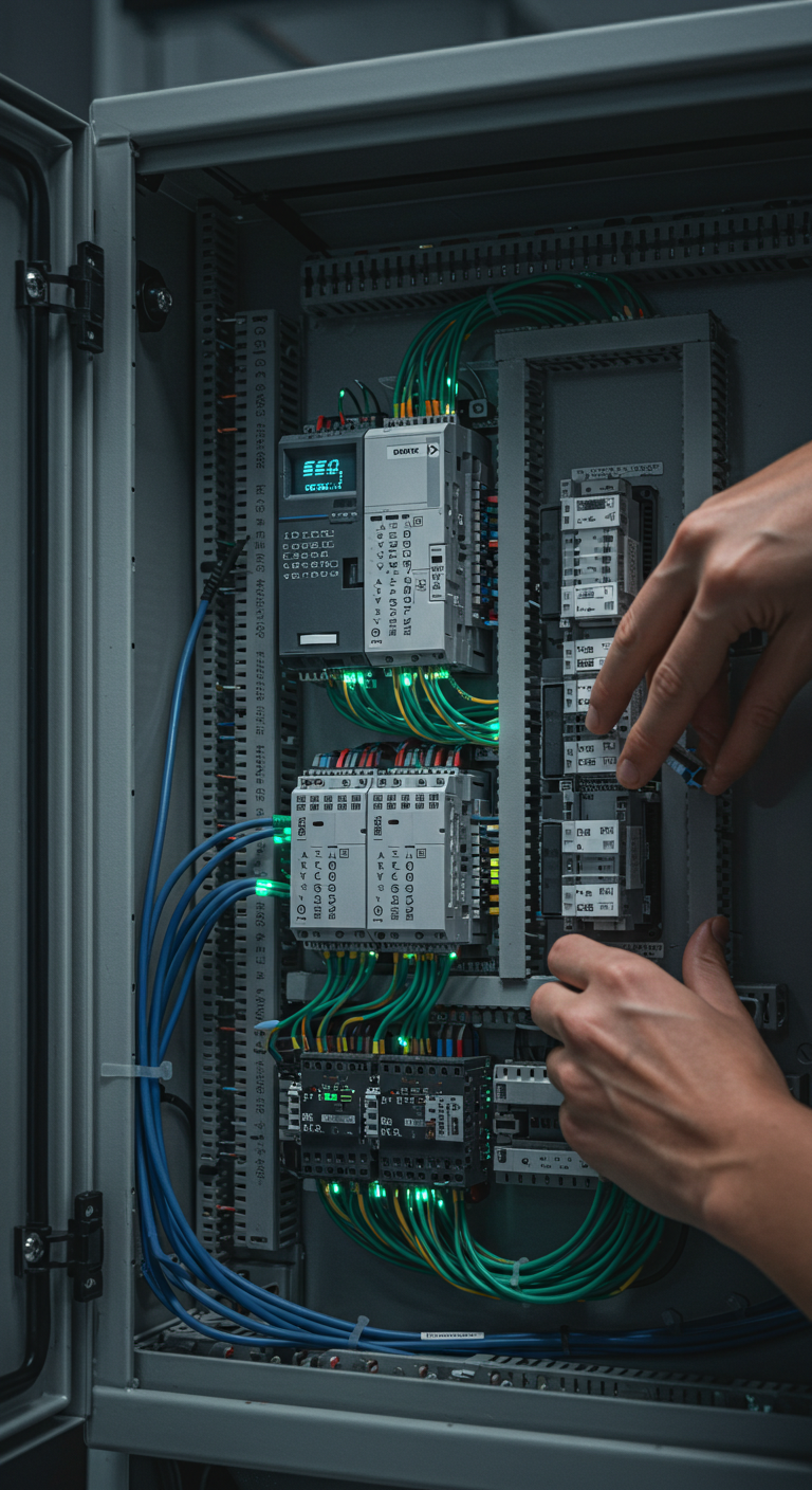 Mãos trabalhando em componentes elétricos dentro de um gabinete com fios verdes e azuis.