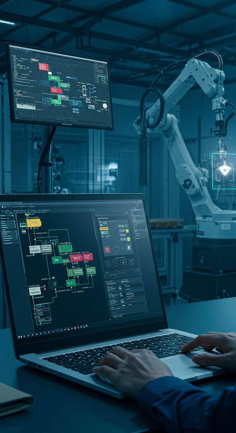 Pessoa usando um laptop, programando um braço robótico em um ambiente industrial moderno com telas exibindo dados complexos.