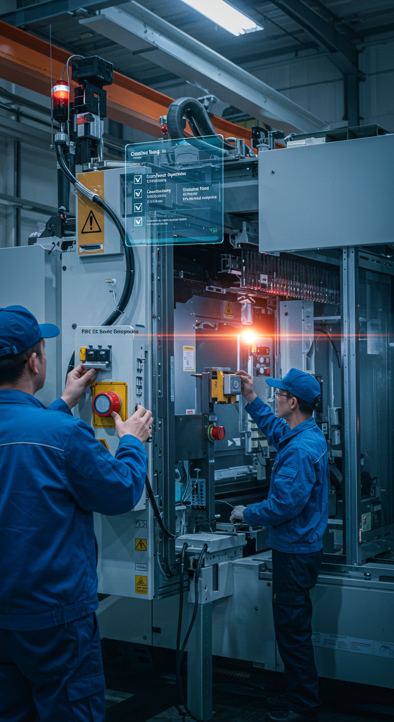 Dois operários com uniformes azuis operam máquinas industriais, com uma sobreposição digital. Ambiente fabril.