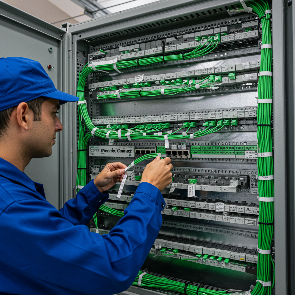 Técnico de uniforme azul trabalhando em um rack de servidores de rede, organizando cabos verdes.